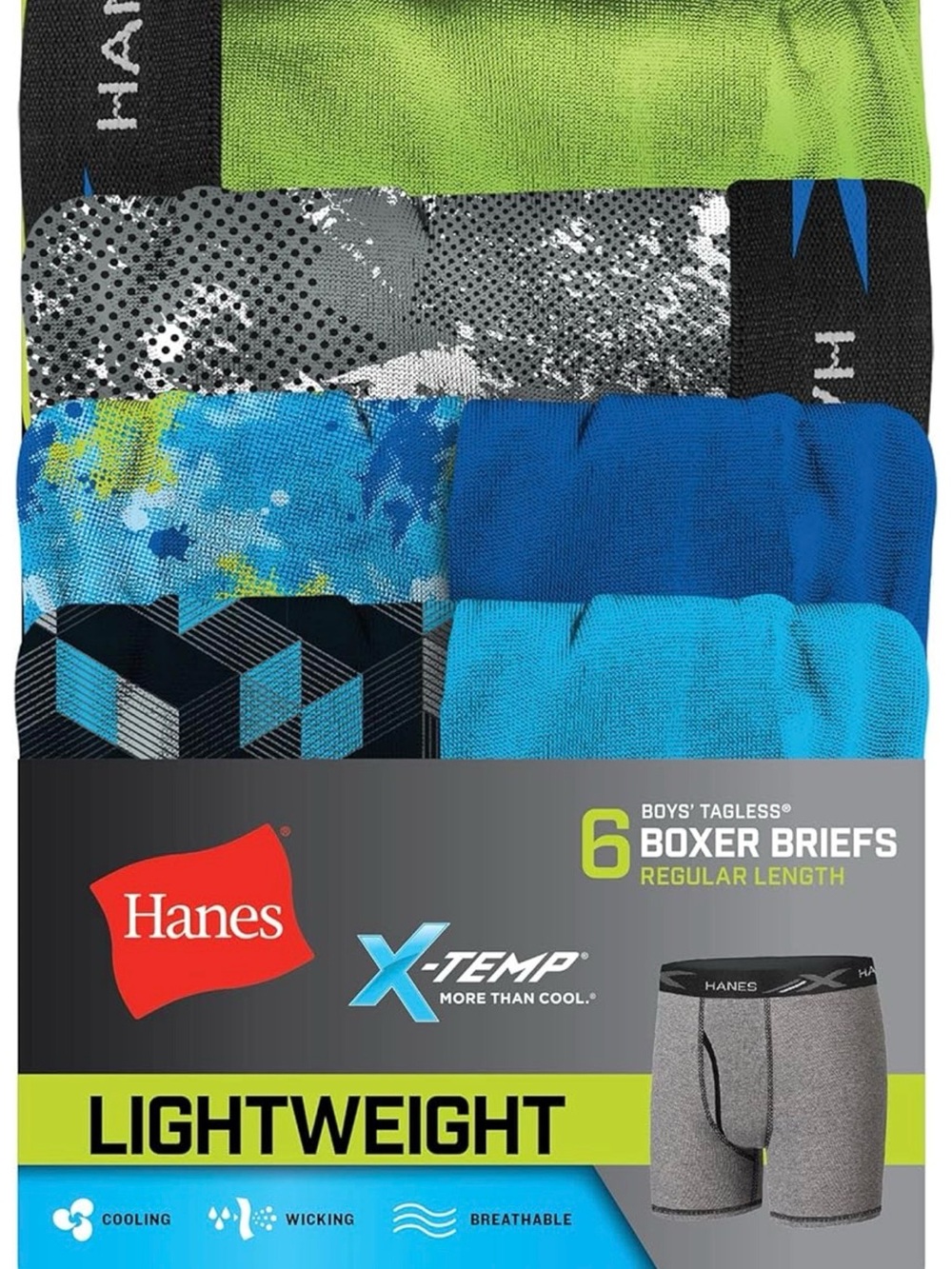 Hanes Boys' Lightweight X-Temp Boxer Briefs - Blue, Green, Gray - 6 Pack